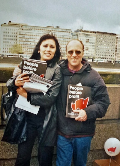 Anna Chen — establishing national press officer for Globalise Resistance, the London Socialist Alliance (LSA), the Socialist Alliance (SA), and the founding press officer for the Stop the War Coalition (STWC) that saw it wrest the anti-war brand from CND after 9/11 — with Mike Marqusee, press officer and author of the bulk of our press releases, at the Milbank launch of the LSA manifesto in the 2000 Greater London Assembly elections.