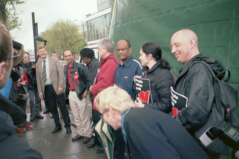 Socialist Alliance candidates at the London elections press launch, Millbank 2000. 