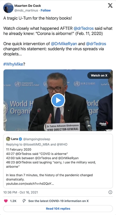 WHO Tedros Ghebreyesus retracts Covid is airborne, 11 February 2024