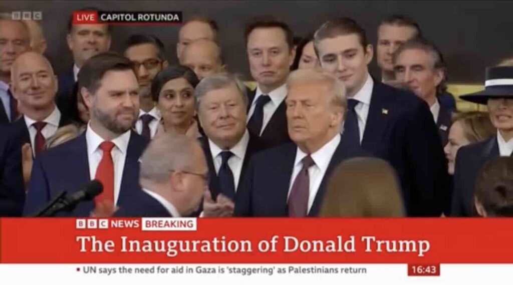 Donald Trump waits in the Capitol Rotunda to be sworn in as 47th President of the USA.
Flanked by Tech Bros Jeff Bezos, the Google guy, Vance, RFK, Barron and Melania and, f course, Elon Musk