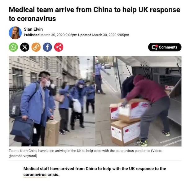 Chinese medics arrive on London to help stop Covid March 2020