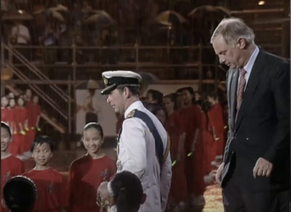 Hong Kong handover ceremony 30 June 1997, Prince Charles and the last governor Chris Patten depart