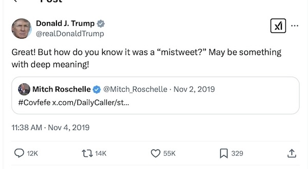 Trump covfefe tweet "mistweet" Nov 4 2019